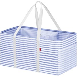 LHZK Standing Extra Large Utility Tote Bag with Metal Wire Frame and the Sides Rinforced, Extra Large Tote Bag with Handle, Reusable Grocery Bags Foldable, Beach Bag, Car Tote (Blue, 26''x15''x13'')