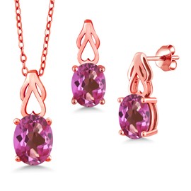 Gem Stone King 18K Rose Gold Plated Silver Pink Mystic Topaz Pendant and Earrings Jewelry Set For Women | 6.60 Cttw | Oval 9X7 | Gemstone Birthstone | with 18 Inch Chain