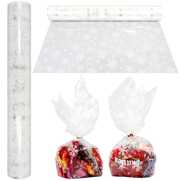 AnapoliZ Christmas Cellophane Wrap Roll | 100’ Ft. Long X 16” in. Wide | 2.3 Mil Thick Crystal Clear with Snowflakes| Gifts, Baskets, Treats, Cello Wrapping Paper | Xmas Snowflakes Holiday Design
