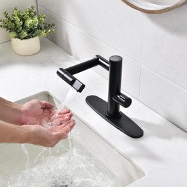 BZOOSIU Rotatable Bathroom Faucet with LED Digital Temperature Display, Single Handle 360° Rotating Arm Kitchen Faucet, 1 Hole or 3 Hole Lavatory Basin Sink Vanity Faucet, Matte Black