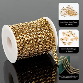 UMAOKANG 5 Meters Gold Plated Cuban Chains Bulk Stainless Steel Chains for Jewelry Making Men and Women Necklace Bracelet DIY Jewelry Chain Spool