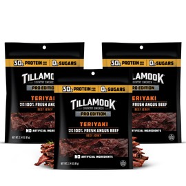 Tillamook Beef Jerky, Country Smoker PRO Edition, Zero Sugar Teriyaki, 2.14 Oz (3 Pack) Real Hardwood Smoked Fresh Angus Beef, Low Carb, High Protein Ready to Eat Keto Snack for Athletes, Gluten Free