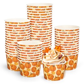Whaline 50 Pcs Fall Pumpkin Snack Cups Watercolor Pumpkin Maple Leaves Disposable Bowls 9oz Ice Cream Dessert Treat Paper Bowls for Autumn Harvest Thanksgiving Party Food Supplies
