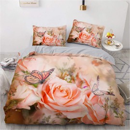 Luowei Bed Linen Roses 135 x 200 cm Pink Flowers Butterfly Vintage Floral Duvet Cover Set Soft Microfibre Duvet Cover and 2 Pillowcases 80 x 80 cm for Single Bed