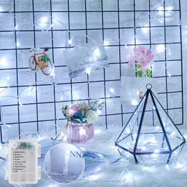 Battery Operated String Lights Outdoor, 17 FT 50 LED Battery Powered String Fairy Lights with Time, 8 Modes, Waterproof Twinkle String Lights for Outside Indoor Bedroom Tree Wedding Party, Pure White