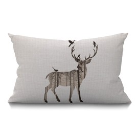 BGBDEIA Deer Pine and Birds Cushion Cover Lumbar Pillow Covers Home Decorative Cotton Linen Pillow Case for Sofa Couch Housewarming Gifts Family Room Décor 30 x 50 cm 12 x 20 Inch