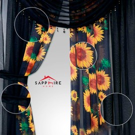 Sapphire Home Floral Sheer Curtains - 4 Panels Set with Valance, 84" Long, Light Filtering Privacy Voile Window Curtains for Living Room, Bedroom, Kitchen, Dining Room - Sunflower/Black