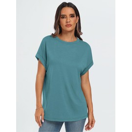AUTOMET Womens Summer Tops Oversized Short Sleeve Business Casual Dressy T Shirts Trendy Fashion Clothes Spring Outfits 2025 Bluegreen L