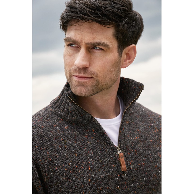 Aran Crafts Men's Irish Cable Knitted Wool Half Zip Sweater