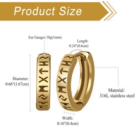 Aroncent Hoop Earrings Men Women Stainless Steel Vintage Viking Stud Earrings Norwegian Viking Runes Earrings Silver Black Gold, Stainless Steel, No Gemstone