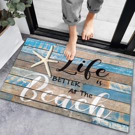 Beach Welcome Mat Coastal Door Mat,Life is Better at The Beach Indoor Doormat Front Door Mats,Ocean Nautical Starfish Non-Slip Absorbent Entrance Rugs,Retro Wood Grain Bath Rug for Bathroom Bedroom