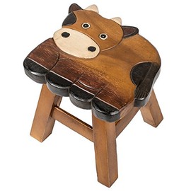 Cow Design Hand Carved Acacia Hardwood Decorative Short Stool