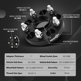 LUJIANI 4 Pack 5x114.3mm Wheel Spacers for 1998-2024 RAV4 Sienna Camry, 1" Thick Forged Hubcentric Tire Spacer, M12x1.5 Thread Studs & 60.1mm Centric Bore, 5x4.5 Hub Centric Wheel Adapters