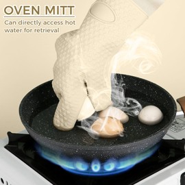 1 Pairs Silicone Oven Mitts & Pot Holders, Extended Long 5-Finger Design with Soft Cotton Lining, Heat Resistant up to 500°F, Waterproof&Non-Slip Kitchen Gloves for Baking, Grilling, Cooking(Beige)