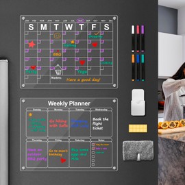 KikoSkool Magnetic Acrylic Calendar for Fridge, Set of 2 Clear Dry Erase Board 16"x 12"