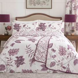 Dreams & Drapes Purple Floral Duvet Cover Sets - Single Bedding Size (140 x 200cm) - Plum Damask Bedding - White & Purple Duvet Cover - Traditional/Vintage Bedding in Dark Purple Plum