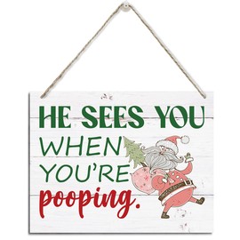 Funny Christmas Decor, Bathroom Decor, Rustic Hanging Wood Plaque Sign, Xmas Santa Signs, Farmhouse Bathroom Wall Art, Funny Xmas Decoration, He Sees You When You're Pooping Signs
