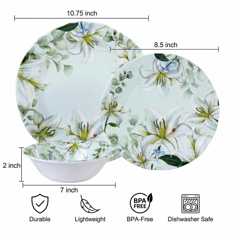 Yinshine 12-Piece Melamine Dinnerware Set, Green & White