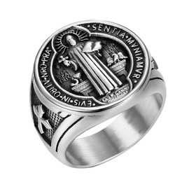 Flongo Saint Benedict Signet Ring for Men: Silver Religious Ring Amulet Saint Benedict Stainless Steel Catholic Cross Exorcism Ring Round Retro Band Lucky Charm Amulet Gift Ring Size 65