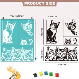 GOMAKERER 2 Sheets Silk Screen Stencil, Interesting Cats Painting Stencils Templates Reusable Self-Adhesive Silk Screen Printing for Wall Border Wood Fabric Home Craft Decor
