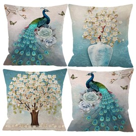 Peacock Cushion Covers - Set Of 4 Pcs Peacock Print, Vintage Turquoise Pillows Teal Cushion Covers 45 X 45cm, Peacock Feather Pillow Cover, Peacock Home Decor, Peacock Gifts, Outdoor Pillow Cases