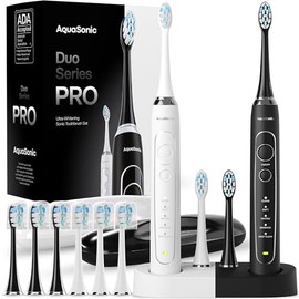AquaSonic Duo Series PRO - Juego de cepillos de dientes eléctricos ultra blanqueadores - 5 modos y temporizadores inteligentes - Fundas de viaje premium y 10 cabezales de cepillo para polvo Proflex
