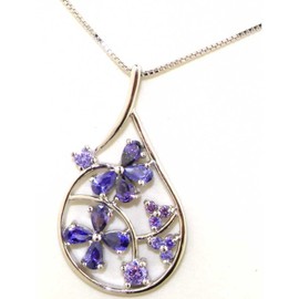 Solid 925 Sterling Silver Modern Designer Purple Gemstone Floral Pendant & 16" Sterling Silver Chain Necklace