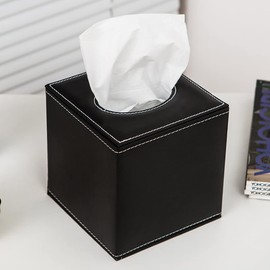 KINGFOM Square Tissue Box, PU Leather Cosmetic Tissues Box, Tissue Box for Car, Office, Bathroom, Bedroom (Black)