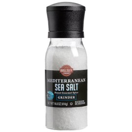 Wellsley Farms Mediterranean Sea Salt Grinder - Non-GMO, Kosher Salt Coarse - Built-In Grinder for Fresh Sea Salt - Mediterranean Seasoning Ideal for Cooking, Grilling, Baking & More - 14.6oz (1 Unit)
