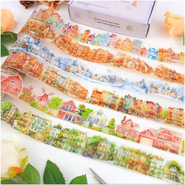 Diuhofart 6 Rolls Nordic Town Seasons Houses Series Stickers Transparent PET Tape for Journaling, Decorative Tape Set for Scrapbooking, Junk Journal Supplies, Collage, DIY Crafts Arts