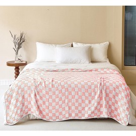 6-Layer Gauze 100% Cotton Muslin Blanket Pink Checkerboard Cooling Throw Blanket Lightweight Soft Breathable Checkered Blanket for Sofa Bed Both Sides50 x60