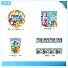 Digital Blocks Children's Tableware Set, Cartoon Blocks Party, Includes Cups, Napkins, Plates, Tablecloth, Suitable for Children's Birthdays, Anniversaries, for 20 People!