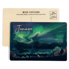 Juneau, Alaska, Northern Lights and Sled Dogs, Lithograph (4x6 Birch Wood Postcards, 2-Pack Stationary, Rustic Home Wall Decor)