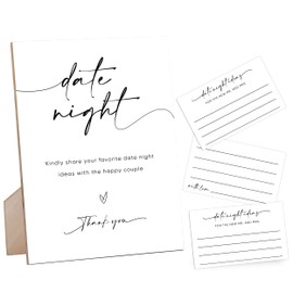 Date Night Ideas Sign, Bridal Shower Signs Date Night Game for The Newlyweds, Bridal Shower Decorations for Wedding Reception and Bridal Shower, White Simple Style Wood Sign & 50 Date Night Cards,5