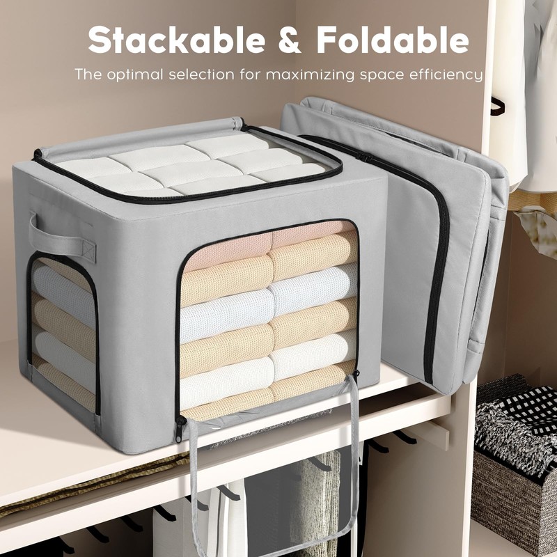 Graciadeco 3-Pack Clothes Organizer Bins with Metal Frame, Foldable 40L