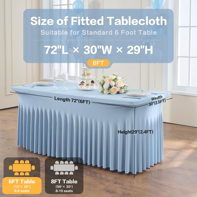 2 Pack Dusty Blue Spandex Fitted Tablecloths for 6 Foot
