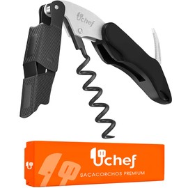 U Chef Sacacorchos de acero inoxidable, destapador/destapa corchos multifuncional premium color negro, saca corchos profesional perfecto para destapar botellas de vino, cervezas y refrescos (1)