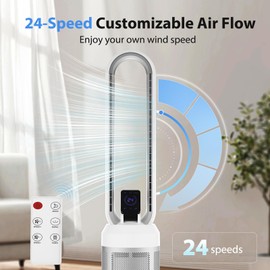 Tower Bladeless Fan with Remote Control, 3-Speed Oscillating Cooling Fan, Anion Mode, White
