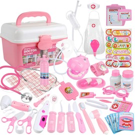 Anpro 46-Piece Doctor's Case Medical Toy Role Play Toy Set, pink