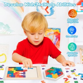 Wooden Puzzle Tetris, 2 Pieces Montessori Wooden Tangram Puzzle Toy, Hexagon Rectangle Brain Teasers Game, STEM Educational Toy, Thinking Games, Gift for Children, Boys and Girls