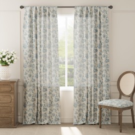 Vangao Linen Blend Blue Floral Curtains for Bedroom, 96 Inch Length Printed Flower French Country Curtains for Living Room Light Filtering Drapes, Rod Pocket Window Treatments, 2 Panels Blue