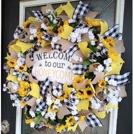 Welcome to Our Honeycomb Bee Farmhouse Sunflower Wreath, Decor, Fall, Spring, Summer, Front Door, Burlap Wedding Farmhouse Decor, French Country Decor
