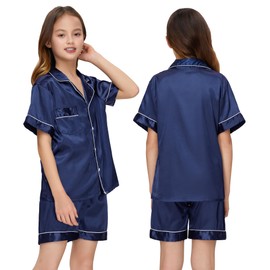 ALHAVONE Kids Girl Pajama Set with Headband Blindfold Hair Tie Toddler Boy Girl Satin Silky Button-up Pajama Sleepwear (Navy-short, 160)