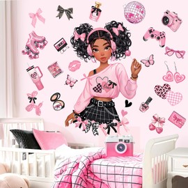 decalmile Black Girl Wall Stickers Pink Bow Butterfly African American Wall Decals Baby Nursery Bedroom Girls Room Wall Decor