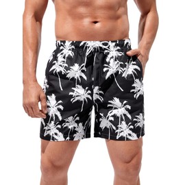Floerns Men's Boho Swim Trunks Graphic Print Drawstring Waist Shorts Bathing Suit A Black and White S