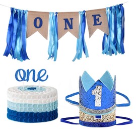 Baby Boy First Birthday Decorations High Chair Banner, Baby Boy 1st Birthday Decorations, Baby 1st Birthday Boy Decorations with Crown, Birthday Party Supplies (Silver and Royal Blue)