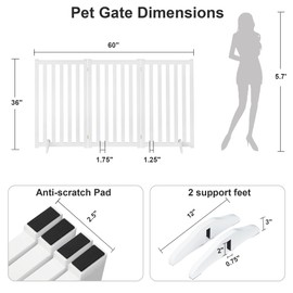 36" Height Extra Tall Freestanding Pet Gate, Solid Wood Folding Safety Fence Wooden Dog Gate with 2 PCs Support Feet Ideal for Stairs, Doorways, Halls, Kitchens, Heavy Duty Gates, 3 Panels, White