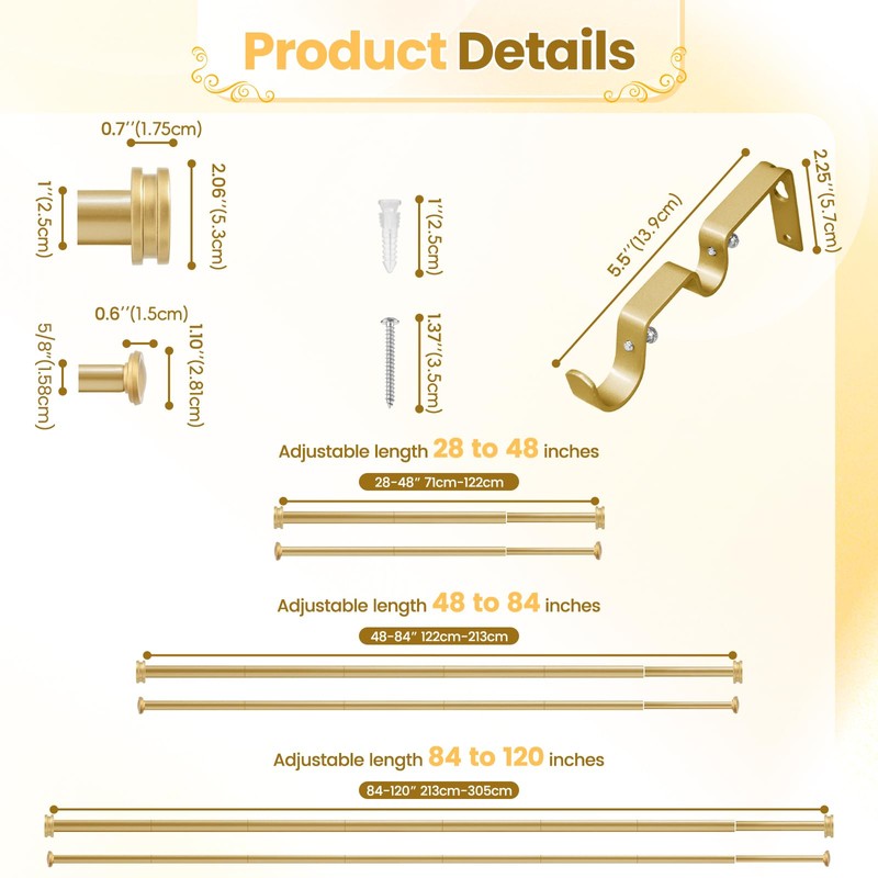 1" Gold Double Curtain Rod 84 to 120Inchs,BHSRODS Heavy Duty