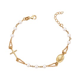 LeCalla 925 Sterling Silver Pearl Cross Bracelet for Women Teen | 14K Gold-Plated Rosary Cross Charm Bead Bracelet 8 Inches