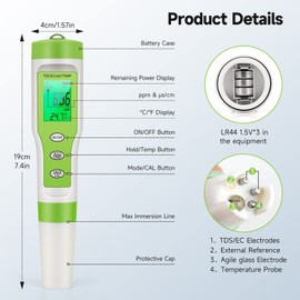Ehomfy PH Meter PH Value Meter 4 in 1 Pool Tester pH TDS EC Temperature Pool Thermometer pH Meter (ATC) with High Accuracy Digital Water Tester with LCD Display for Pools Aquarium Drinking Water